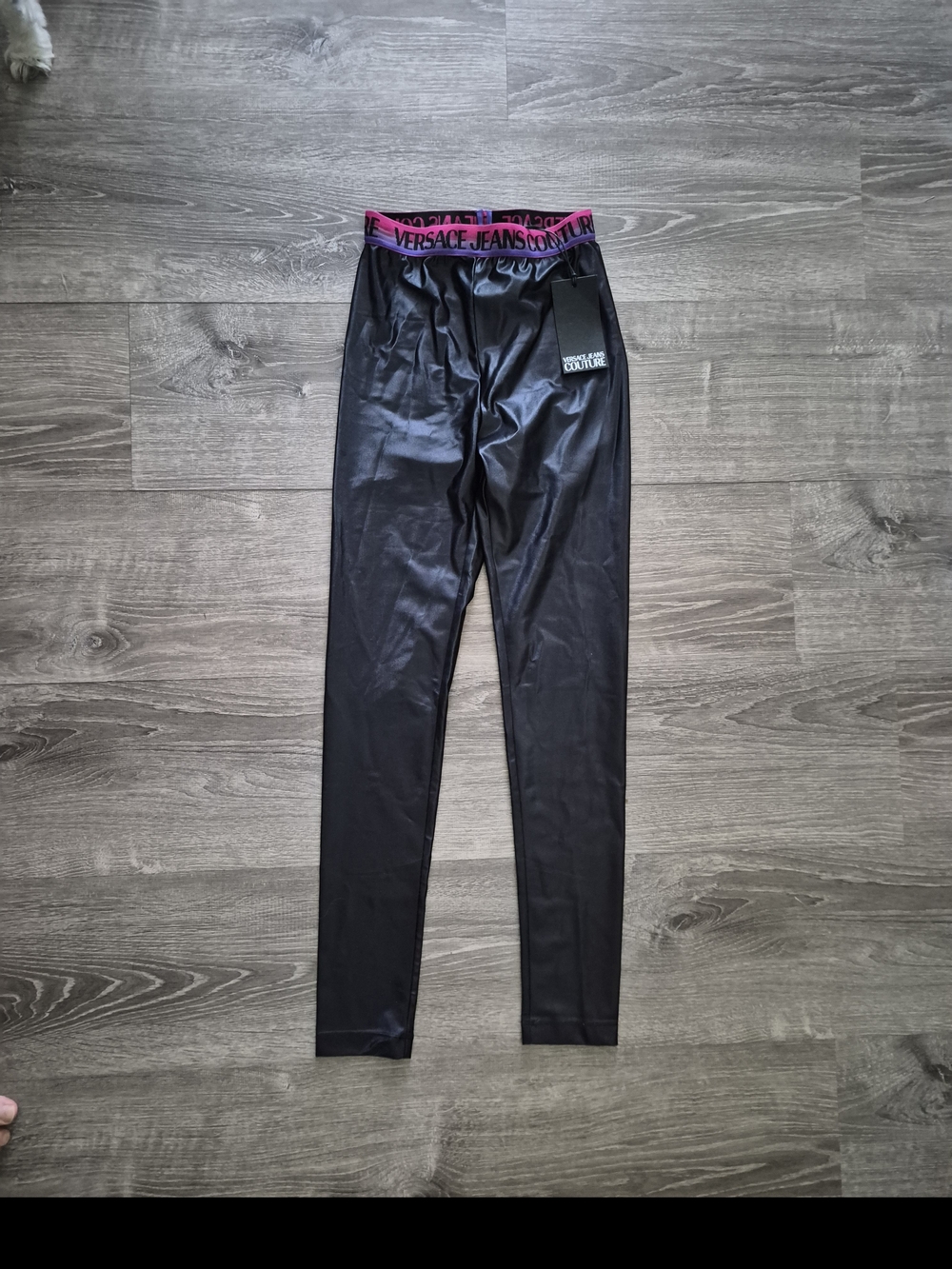 Versace Jeans Couture Black shinny leggings with Pink and Purple Logo Trim
